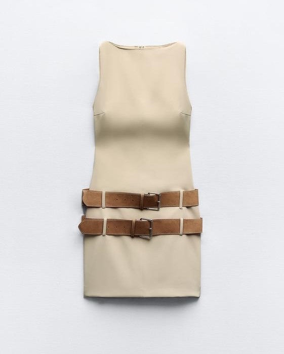 Alexis Double-Belt Beige Dress