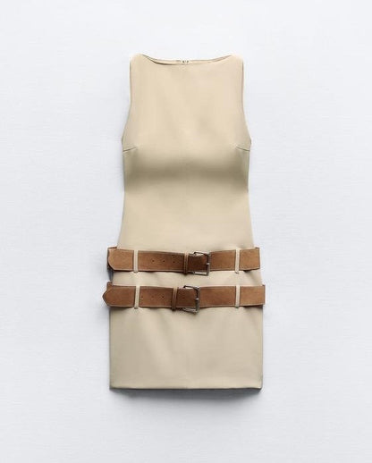 Alexis Double-Belt Beige Dress